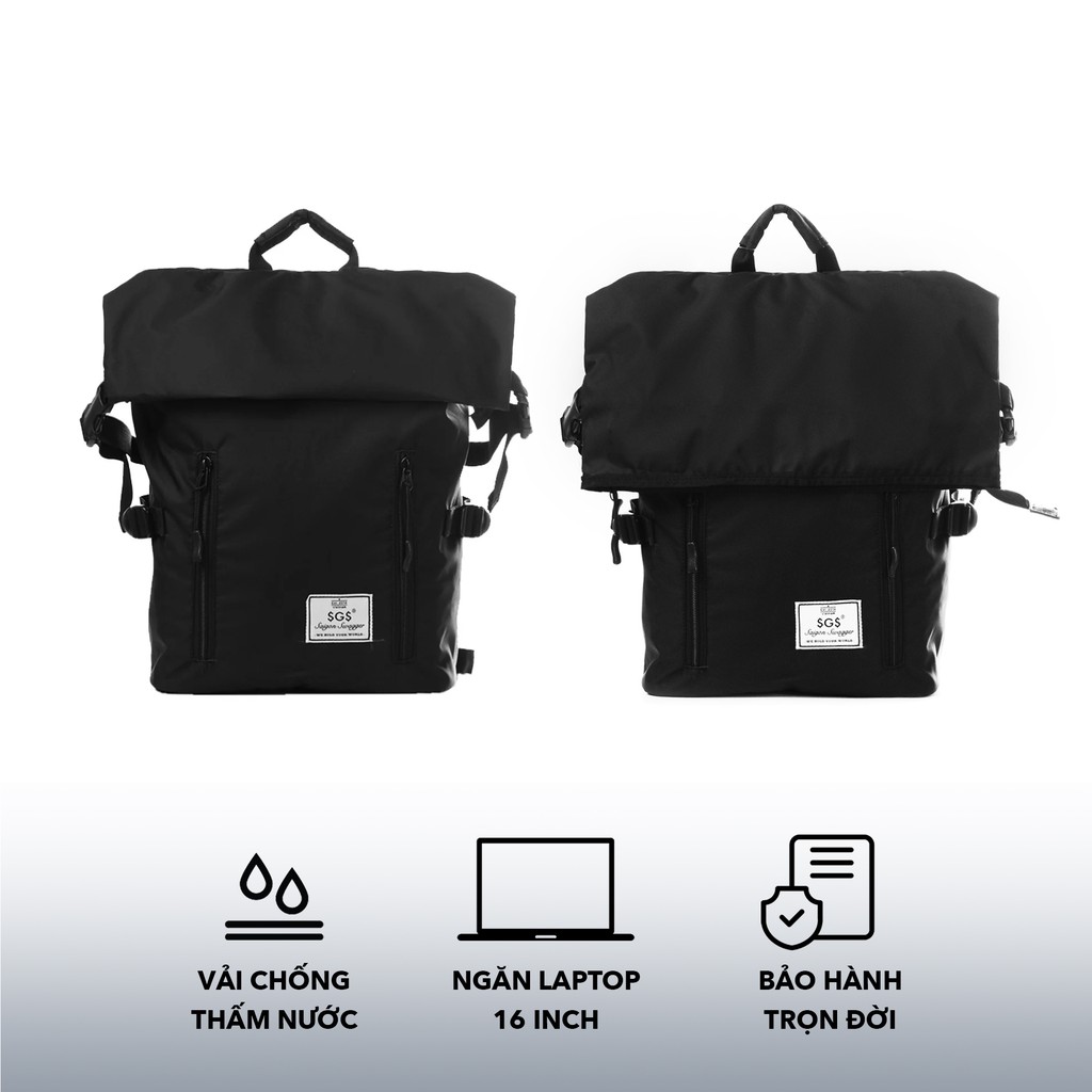 Balo Quấn Đen SAIGON SWAGGER® SGS Black Rolltop Backpack- Ngăn Chống Sốc Laptop