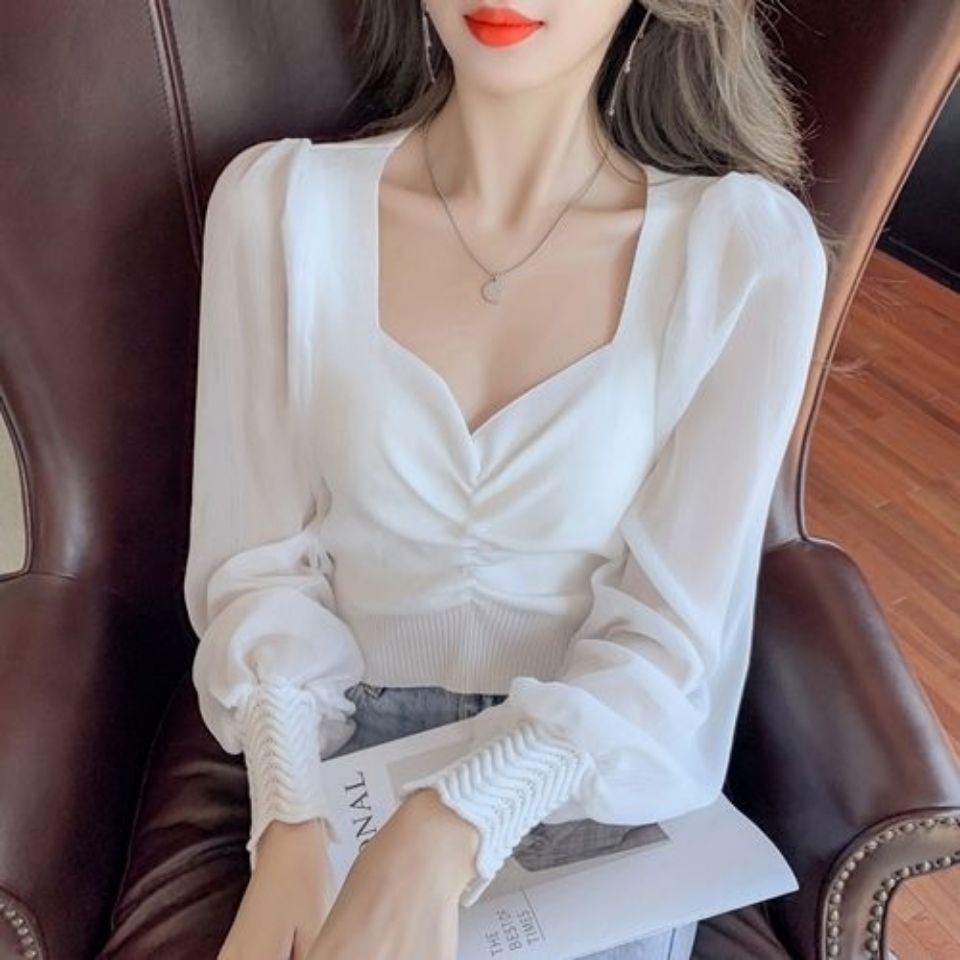 Áo Sweater Vải Lụa Lạnh Mỏng Cổ Vuông Tay Phồng Thời Trang Mùa Thu Mới 2022 Cho Nữ