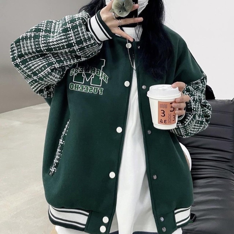 Áo Khoác Bomber Chữ M Phối Tay Kẻ Nam Nữ, Phong Cách Bóng Chày Hoạ Tiết Đỉnh Cao Thời Trang BomBer