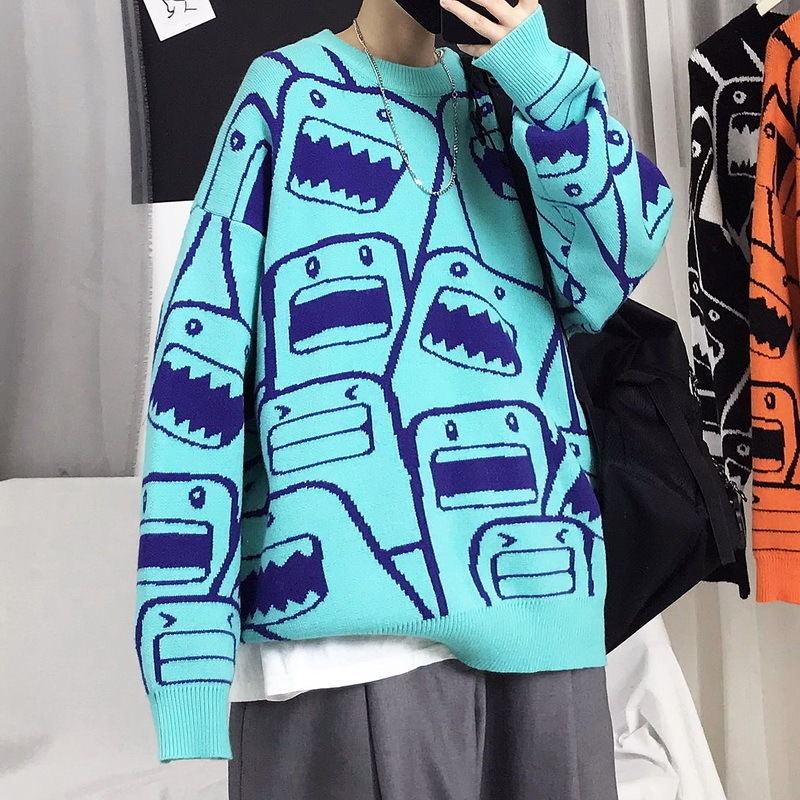 Áo sweater cổ tròn dáng rộng họa tiết hoạt hình phong cách nhật hàn thời trang cho nam