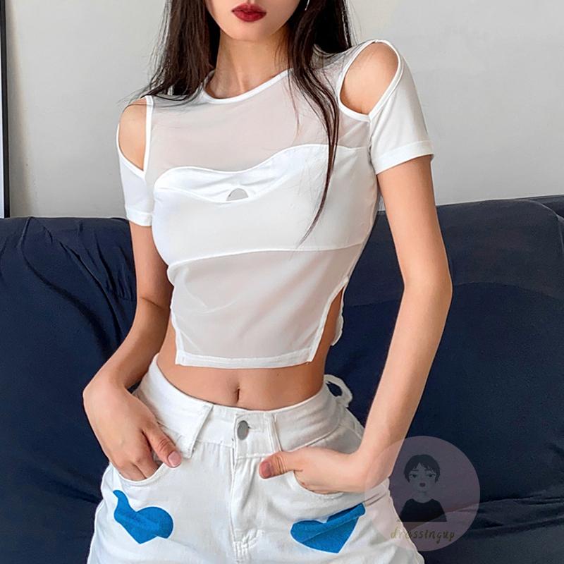 Áo Crop Top Tay Ngắn Cổ Tròn Phối Lưới Thời Trang Mùa Hè Cho Nữ
