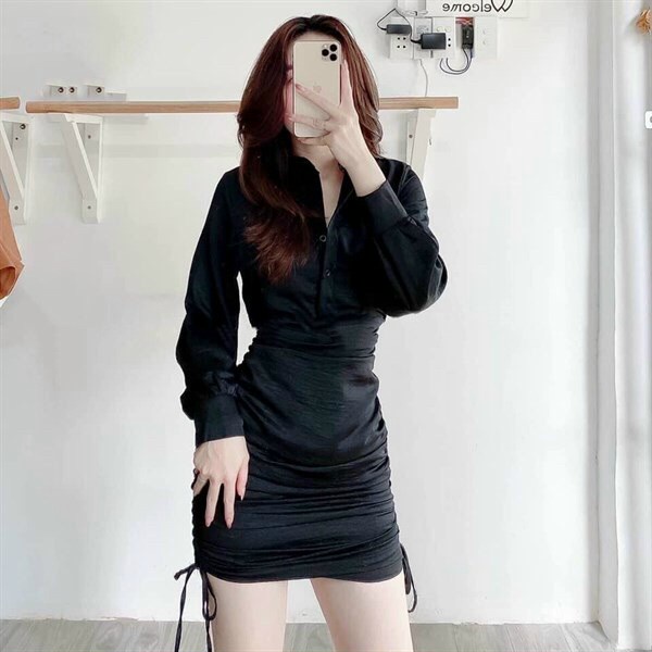 (Ưu Đãi Freeship) Đầm sơ mi nữ tay dài phồng,đầm thiết kế ôm rút dây cá tính,chất kate mềm mát,hàng chuẩn shop