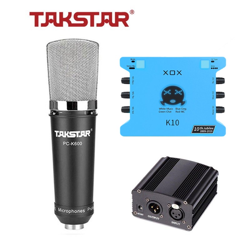 Bộ Mic Livestream Hát Karaoke Chính Hãng Đầy Đủ Mic Takstar PC-K600, Sound Card XOX K10, Nguồn 48V &amp; Phụ Kiện