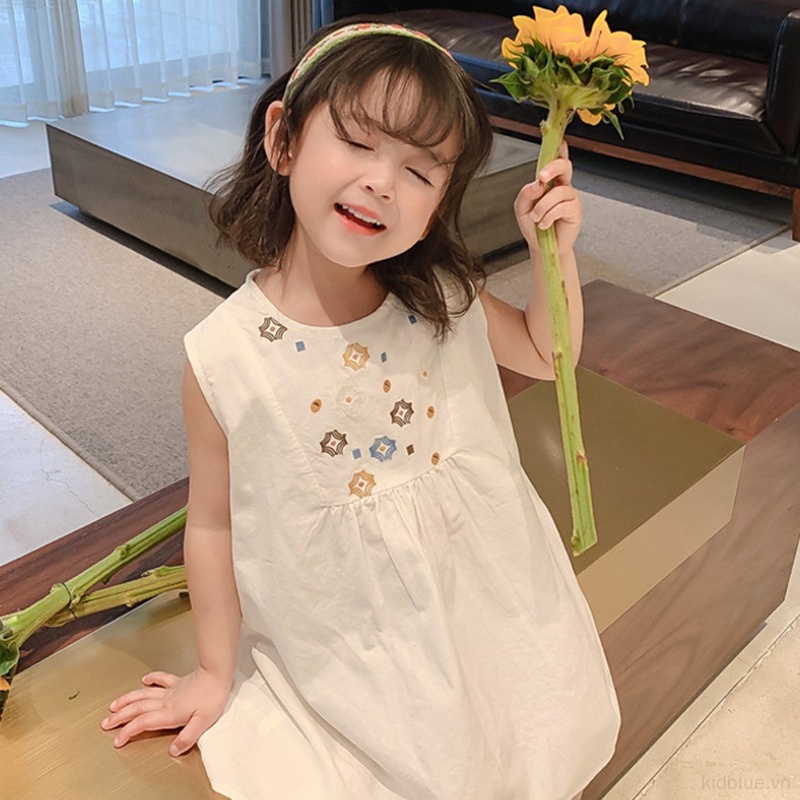 Đầm Sát Nách Cổ Tròn Thêu Hoa Dễ Thương Cho Bé Gái 3-8 Tuổi