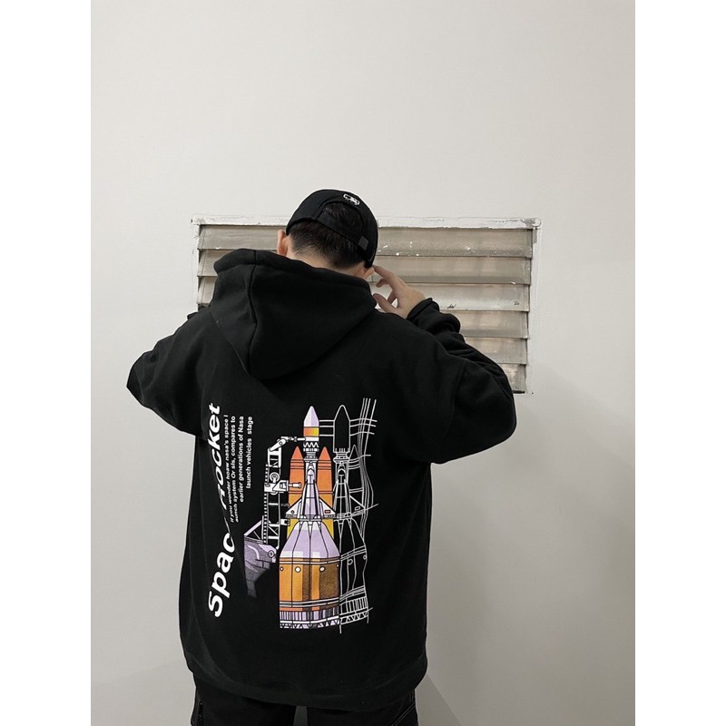 ÁO KHOÁC HOODIE, ÁO NỈ BÔNG TÊN LỮA SPACE ROCKET 2 MÀU ĐEN/TRẮNG KEM _ NAM/NŨ UNISEX ( HÌNH THẬT) KÈM CLIP