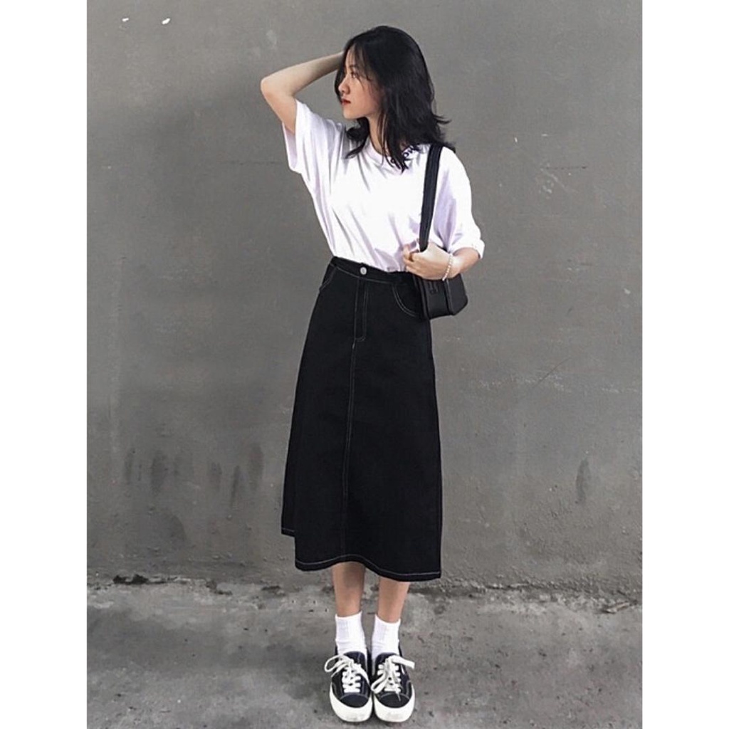 Chân váy jeans kaki ulzzang cạp chun - chân váy bò dáng midi lưng cao hàn quốc màu đen chỉ nổi SM81