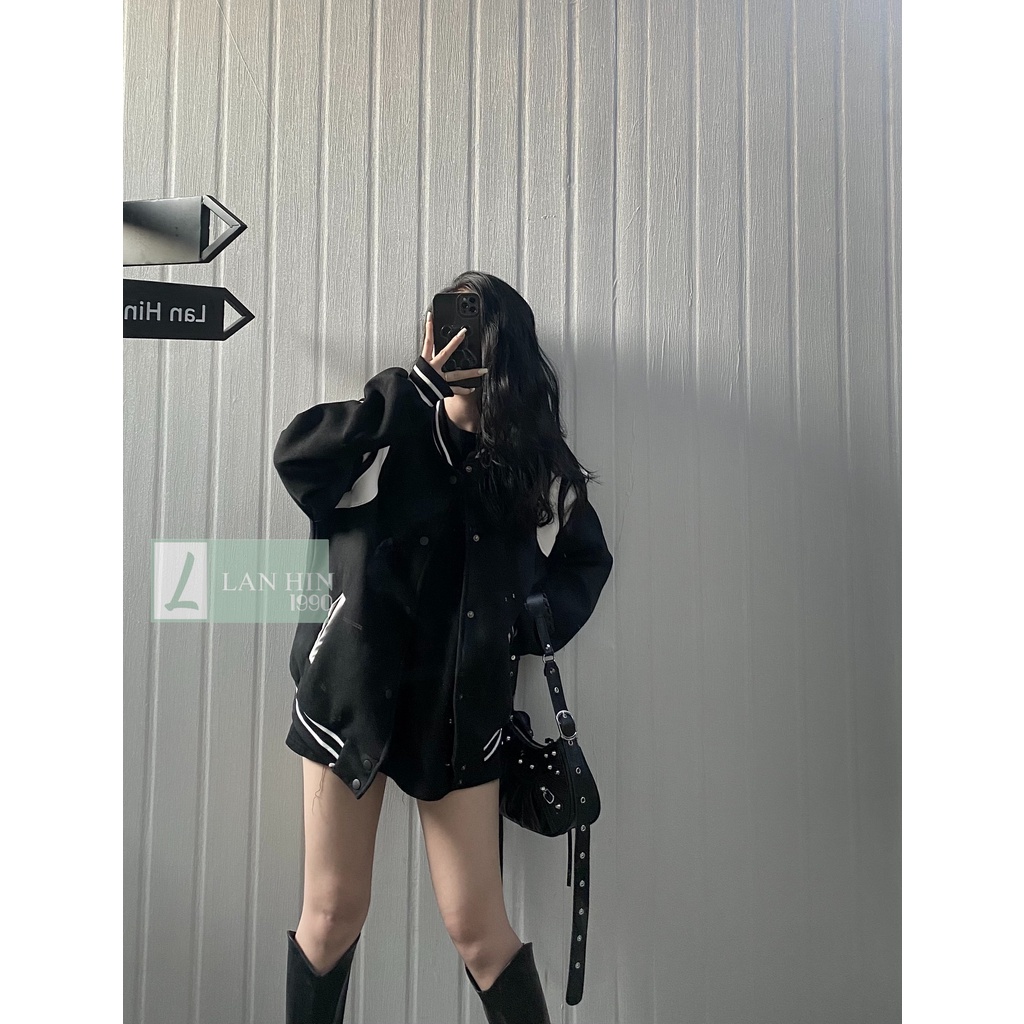 Áo Khoác Bomber Unisex Dạ Phối Vai Da 2 Màu Kem/Đen