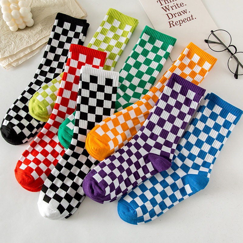 Vớ Cotton Cao Cổ Co Giãn Tốt Họa Tiết Ô Vuông Phong Cách Mới