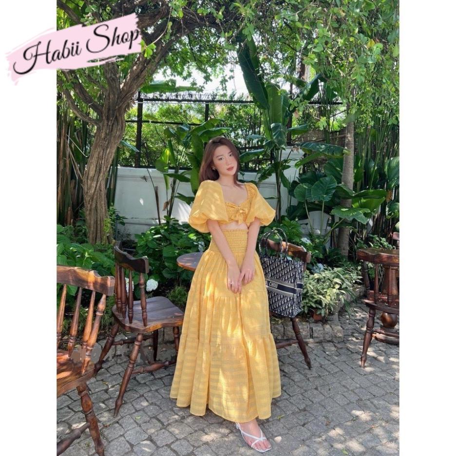 Set váy maxi đi biển dáng dài phối áo croptop tay bồng HABII SE11 [CÓ BIGSIZE]