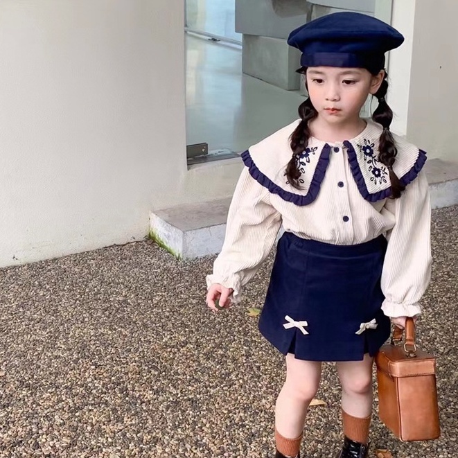 Aiyaya Bộ Áo Tay Dài Phối Ren + Chân Váy Ngắn Phong Cách Hàn Quốc Thời Trang Cho Bé Gái