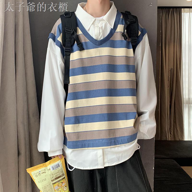 Áo Sweater Giả Nhiều Lớp Cổ Sơ Mi Kẻ Sọc Dáng Rộng Kiểu Hàn Quốc Thời Trang Mùa Thu Cho Nam