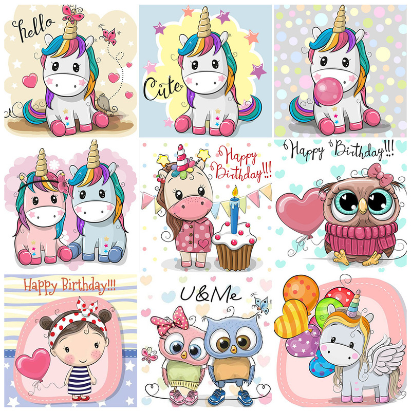 Bộ tranh đính đá 5d thủ công họa tiết ngựa một sừng dễ thương độc đáo size 30x30cm