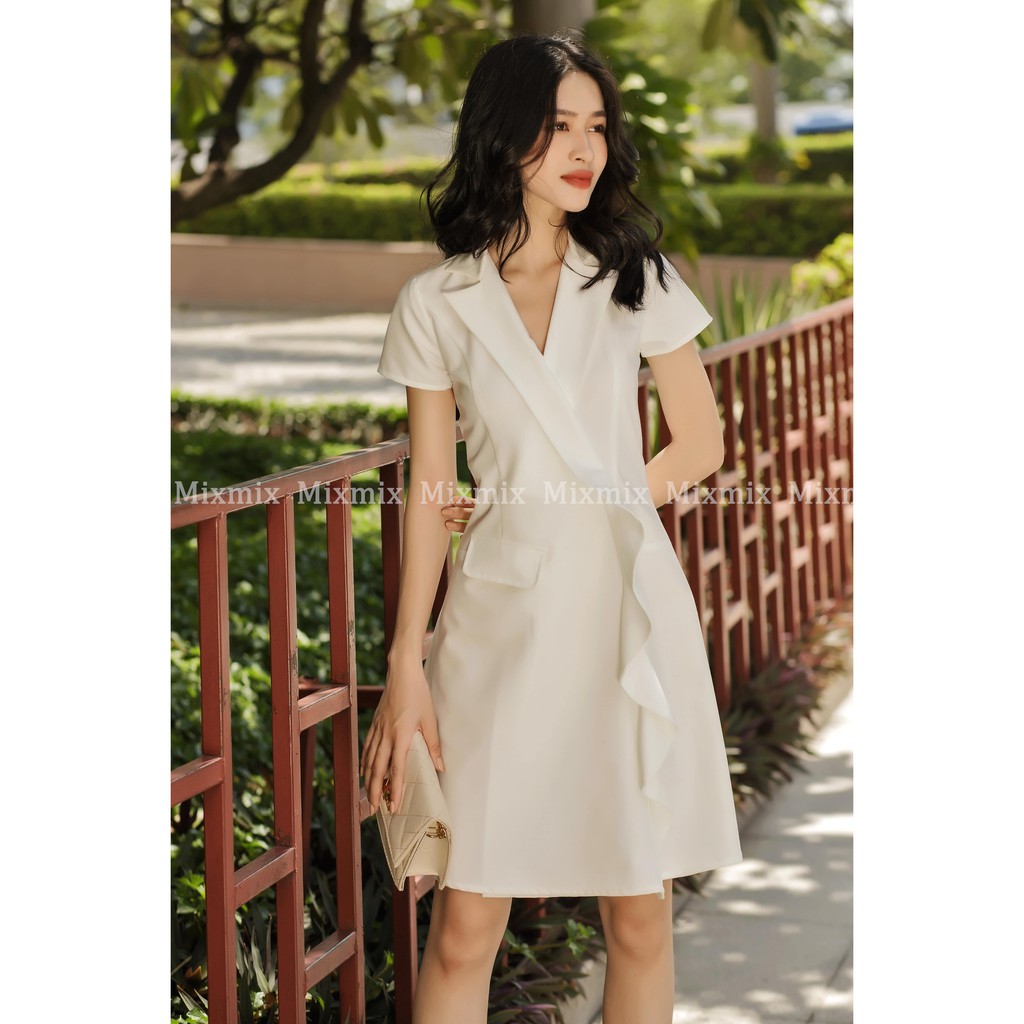 Đầm công sở Selina cổ Vest viền bèo màu trắng sang trọng - MIXMIX - Hàng thiết kế - Hình ảnh độc quyền shop tự chụp