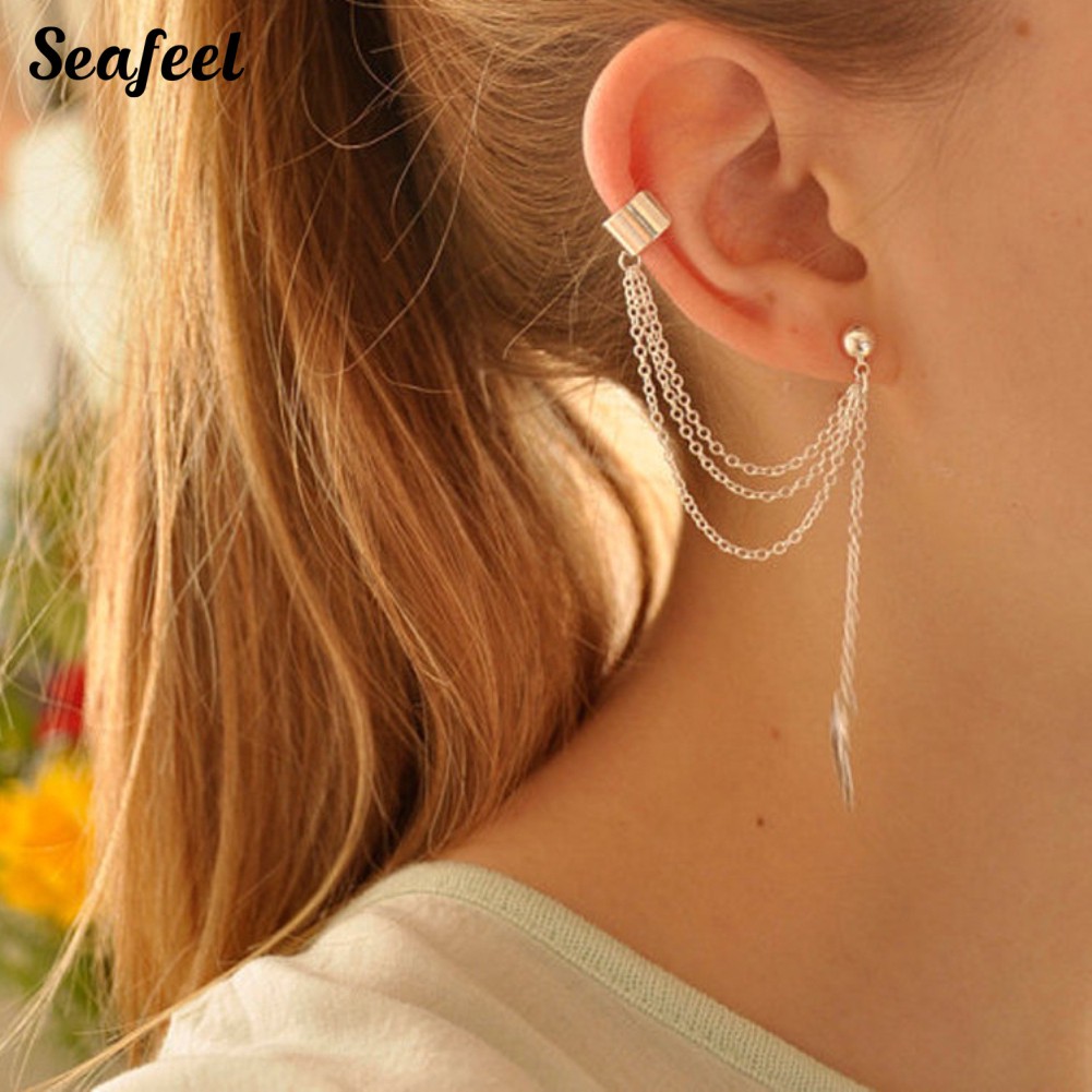 Bông tai xỏ lỗ tua rua dáng dài kiểu mặt hình chiếc lá phá cách cho nữ