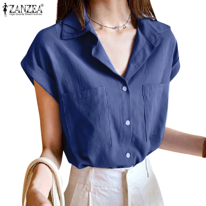 Áo sơ mi ZANZEA tay ngắn cổ bẻ màu trơn phong cách Hàn Quốc đơn giản dễ phối đồ dành cho nữ