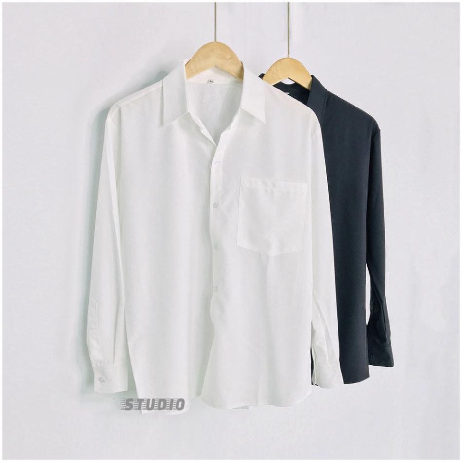 Áo sơ mi nam nữ dài tay Unisex Basic TRƠN Form rộng màu trắng và đen Chất cotton lụa mịn mát Bigsize,Áo sơ mi unisex SM1