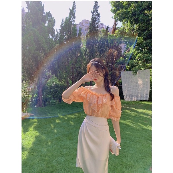 SET ÁO VOAN CAM BÈO DÂY HẠT + CHÂN VÁY XẾP XÉO LỆCH