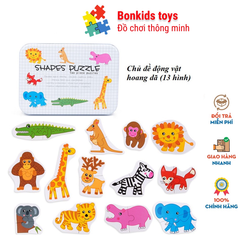 Bộ đồ chơi ghép hình 2 miếng ghép hình hộp sắt Puzzle đồ chơi phát triển trí tuệ Bonkids toys