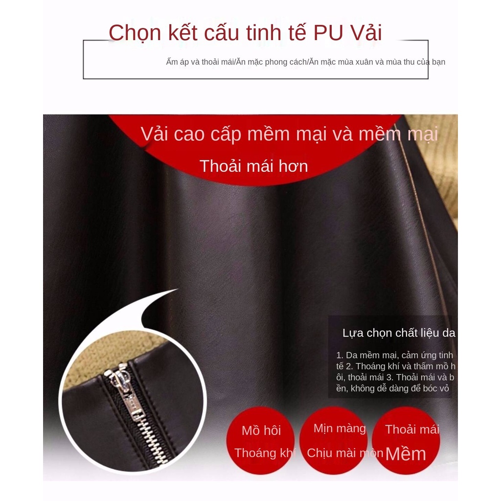 Chân váy da PU xếp ly cạp cao mỏng kêu dây kéo màu đen phiên bản Hồng Kông