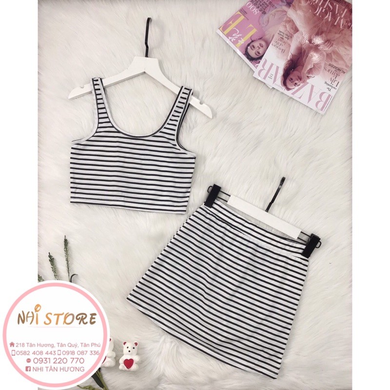 [FREESHIP 50K] BỘ SET THUN NHISTORE ÁO CROPTOP 2 VAI PHỐI CHÂN VÁY A NĂNG ĐỘNG THUN COTTON [FREESIZE] DƯỚI 45KG - 55KG