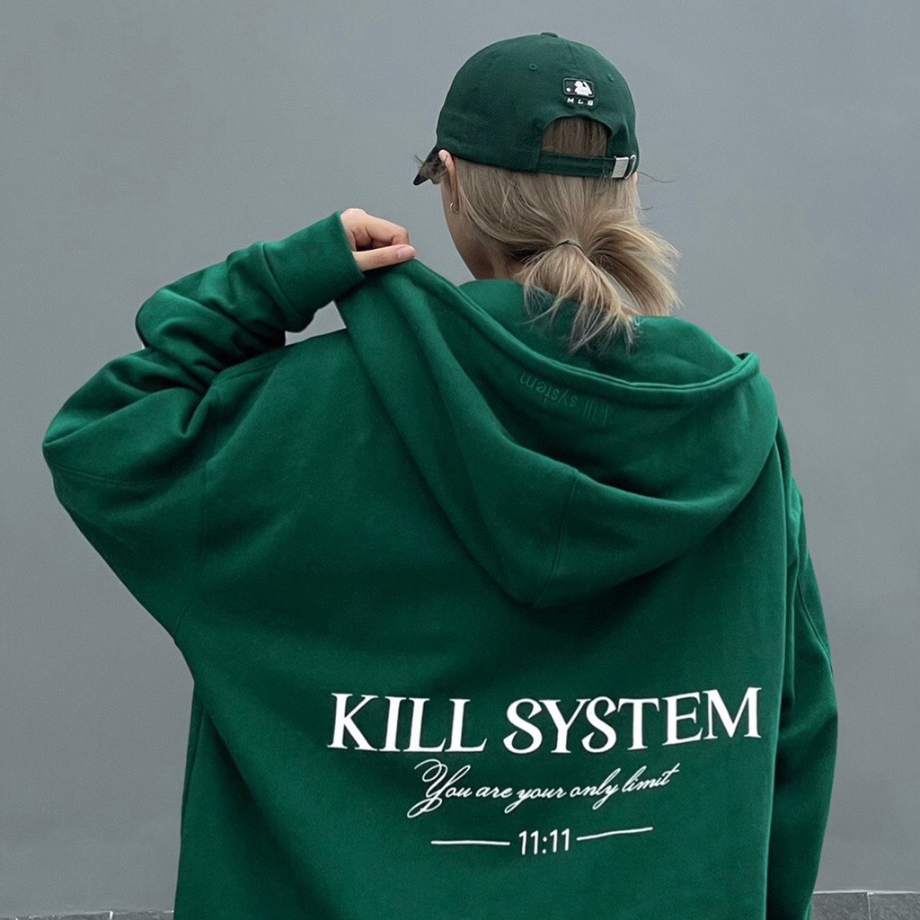 Áo Khoác Hoodie Zip KILL SYSTEM Màu Xanh Rêu Phong Cách Unisex