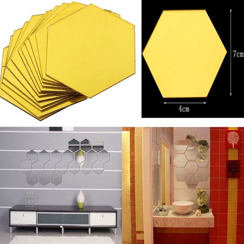 Set 12 Miếng Dán Tường 3d Hình Lục Giác Tạo Hiệu Ứng Gương Bắt Mắt