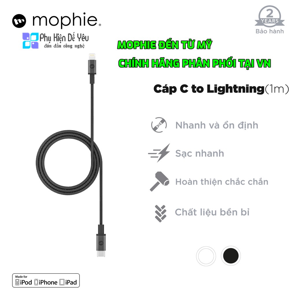Cáp USB-C to Lightning Mophie bọc vải 1m [CHÍNH HÃNG PHÂN PHỐI, BẢO HÀNH 2 NĂM]