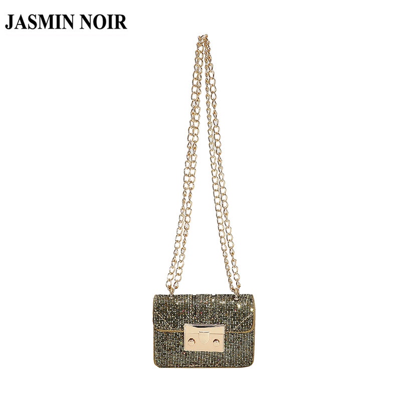 Túi đeo chéo JASMIN NOIR nắp gập đính kim cương giả phối dây xích thời