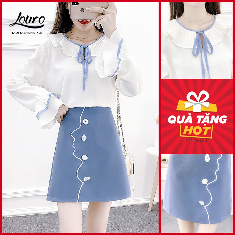 Set đồ nguyên bộ công sở Louro L1104,set đồ bộ áo voan cách điệu, chân váy chữ A