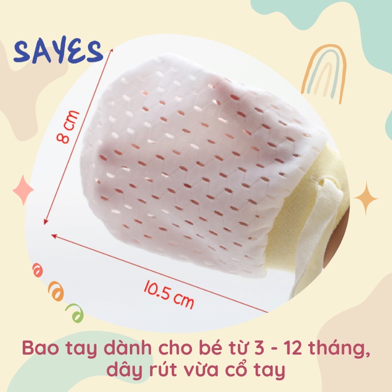 Bao tay cho bé 3-12 tháng, vải cotton đục lỗ thoáng khí, có dây rút, thấm hút tốt, màu pastel nhẹ nhàng