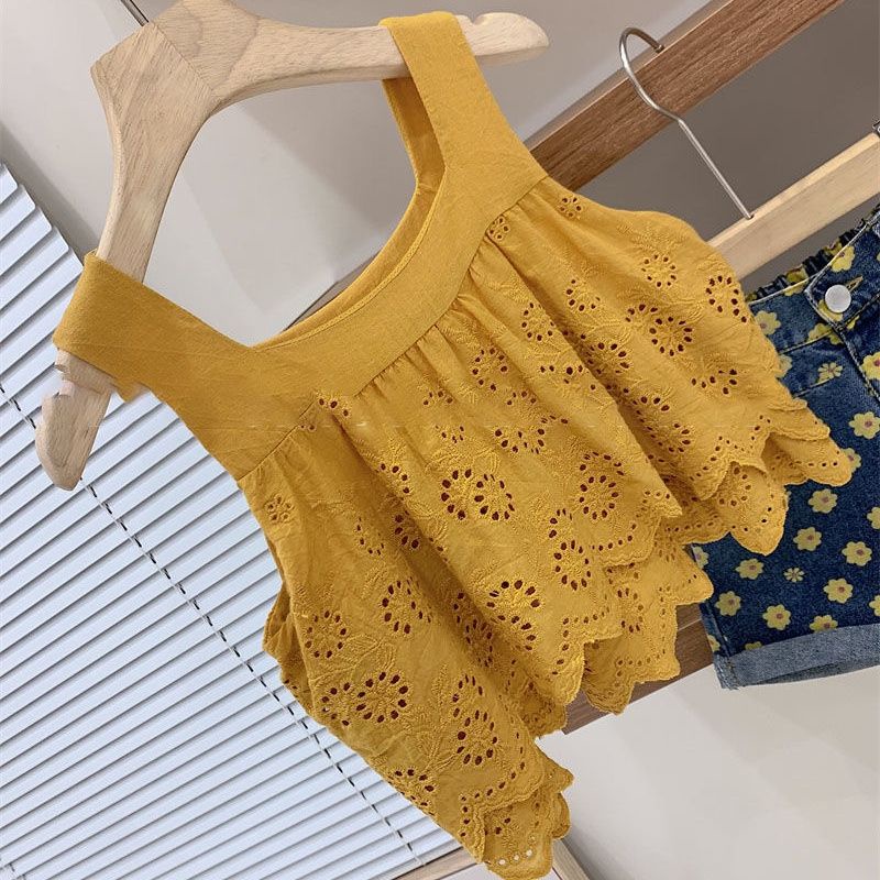 Bộ Áo Thun Không Tay Thêu Hoa + Chân Váy Xòe Hai Dây Phong Cách Hàn Quốc Thời Trang Mùa Hè 48H Cho Bé Gái