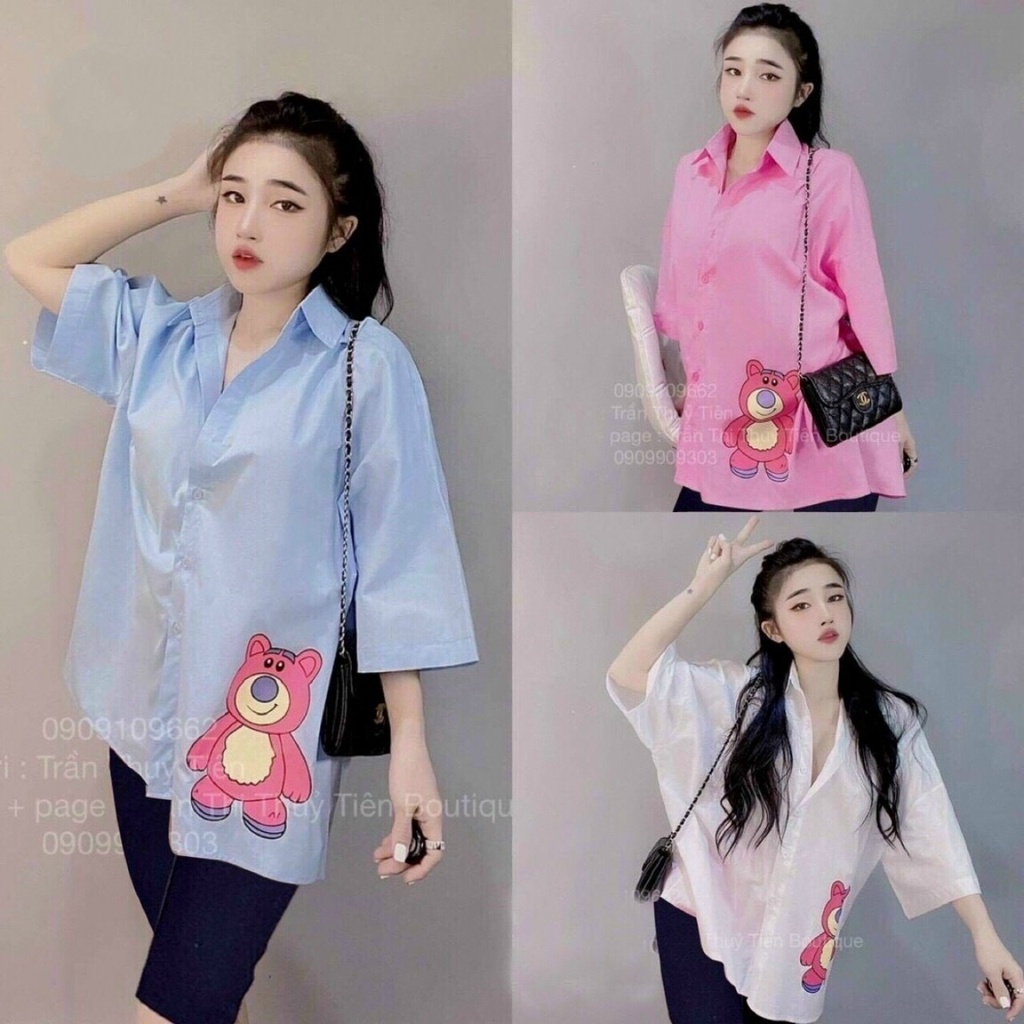 Áo Sơ Mi Nữ Tay Lỡ Form Rộng In Hình Gấu Dễ Thương alohashop91