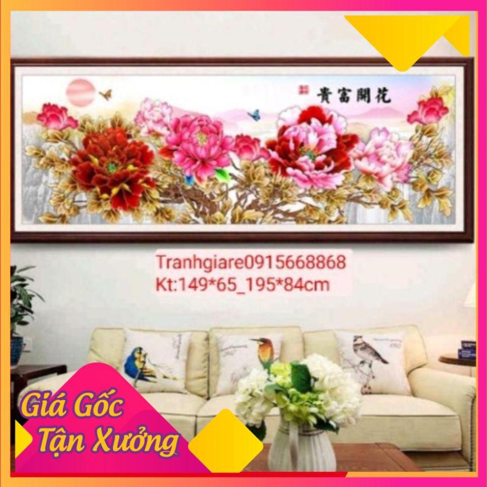 Tranh thêu chữ thập hoa mẫu đơn tuyệt đẹp KT: 149x65cm