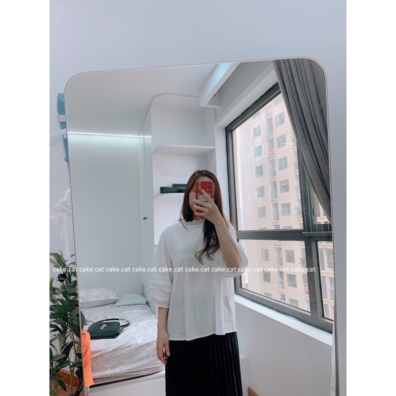 ÁO SƠ MI TRẮNG BABYDOLL CỔ REN TAY LỠ XẾP LY NGỰC