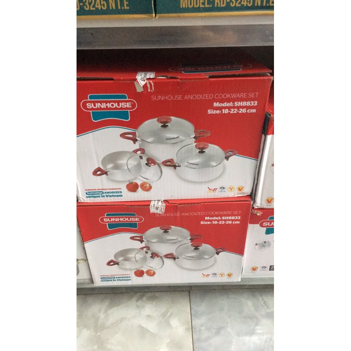 Bộ 3 Nồi Inox Sunhouse Vung Kính SH8833