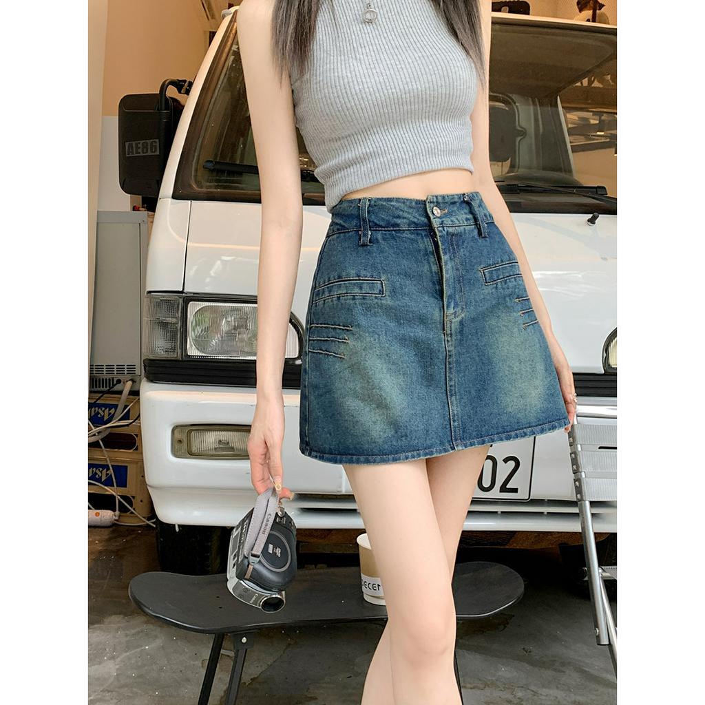 Lalisas Chân váy jean Ngắn Chữ A Lưng Cao Phong Cách retro Mỹ Cho Nữ