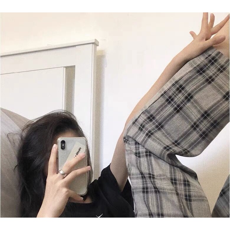 Quần dài ống rộng lưng cao họa tiết sọc caro thời trang cho nữ