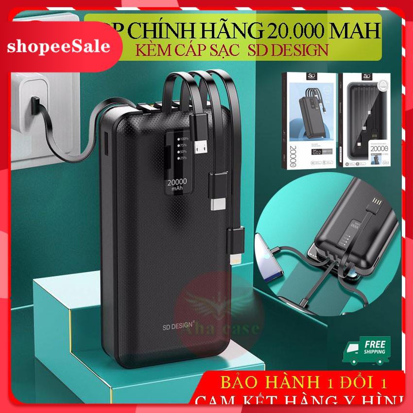 Pin Sạc dự phòng G02 chính hãng 20,000mAh SD Design kèm 3 dây sạc, cáp sạt cổng USB, bảo hàn