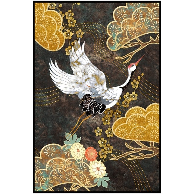 Tranh Vải Bạt Treo Tường In Hình Chim Hạc Vàng Phong Cách Trung Hoa Trừu Tượng Retro Trang Trí Nhà Cửa