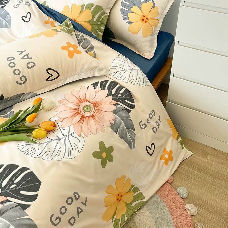 Bộ chăn ga gối Cotton Poly Boss Decor Hoa good day, vỏ chăn mền, drap giường và 2 vỏ gối | BigBuy360 - bigbuy360.vn