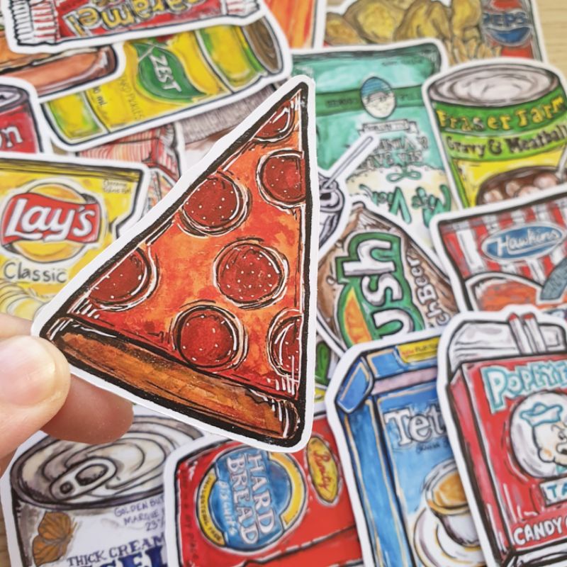 Sticker hình dán đồ ăn vẽ tay trang trí mũ bảo hiểm Laptop journal sổ tay