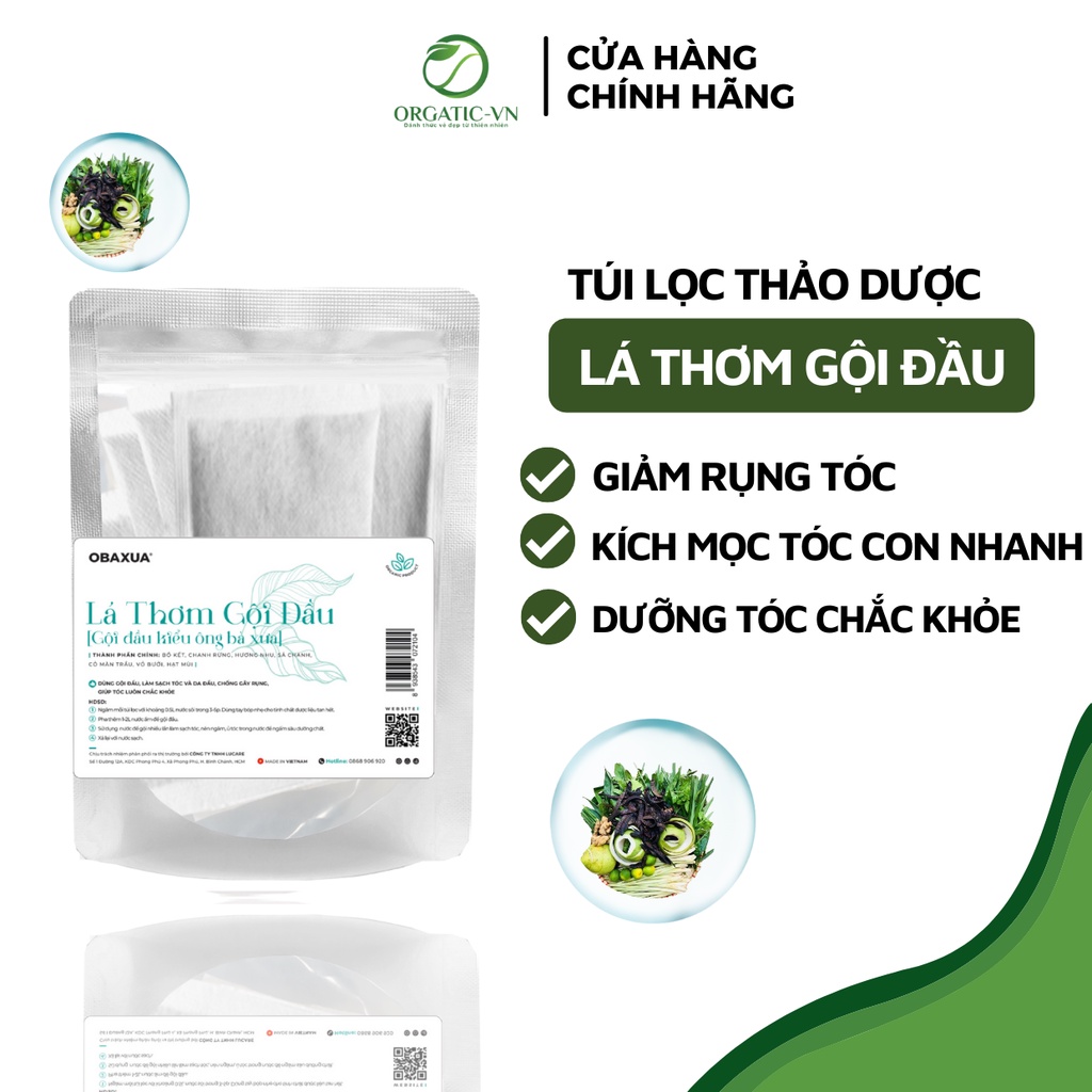 Thảo dược Gội đầu túi lọc OGATIC_vn Bồ kết, chanh rừng, sả, cỏ mần trầu - Sạch gàu, Hết rụng tóc, nấm ngứa da đầu