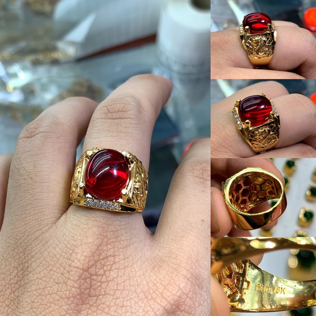 Nhẫn nam mạ vàng đính đá màu có khắc 18k