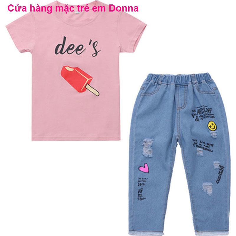 cotton mùa hè ngắn tay phù hợp với quần denim 5 cô gái 6 áo trẻ em lớn 7 hai mảnh 4-15 tuổi 8bộ bé traibộ thu đôn