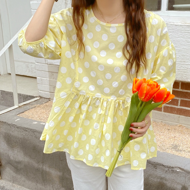 IELGY Áo Sơ Mi Cổ Tròn Tay Ngắn Dáng Rộng In Họa Tiết Chấm Bi Màu Vàng Phong Cách Hàn Quốc Cho Nữ