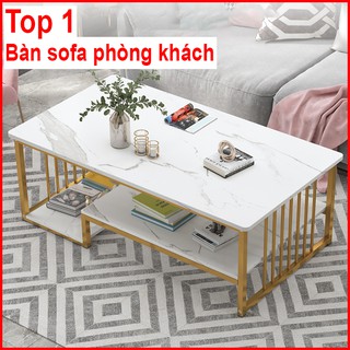 Bàn trà sofa 3 tầng họa tiết vân đá, Bàn trà phòng khách mặt gỗ phủ melamin chân sơn nhũ vàng kt 100cmx50x42cm