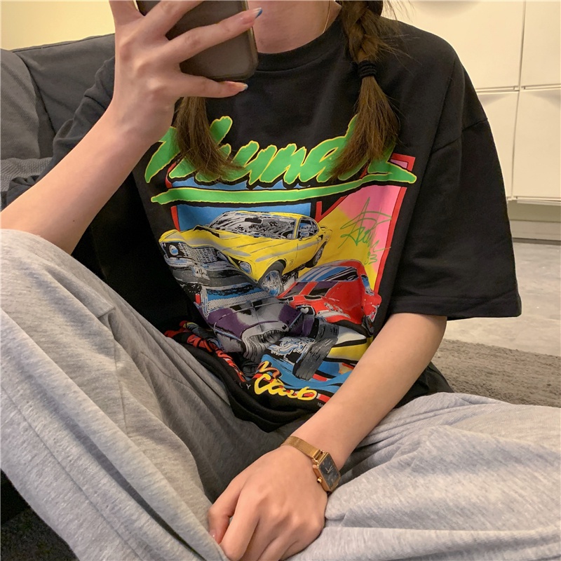 Áo Thun Tay Ngắn Cổ Tròn Dáng Rộng In Hình Xe Hơi Phong Cách Cổ Điển Thời Trang Mùa Hè Mới Cho Nữ