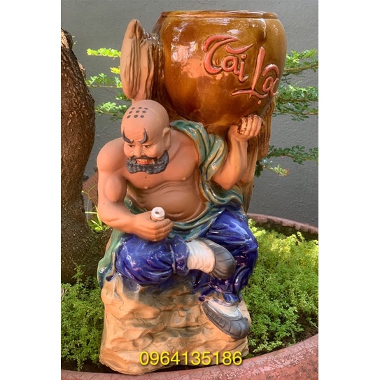 Tượng chậu la hán tài lộc ngồi thưởng trà h40cm trồng cây bon sai gốm sứ Bát Tràng