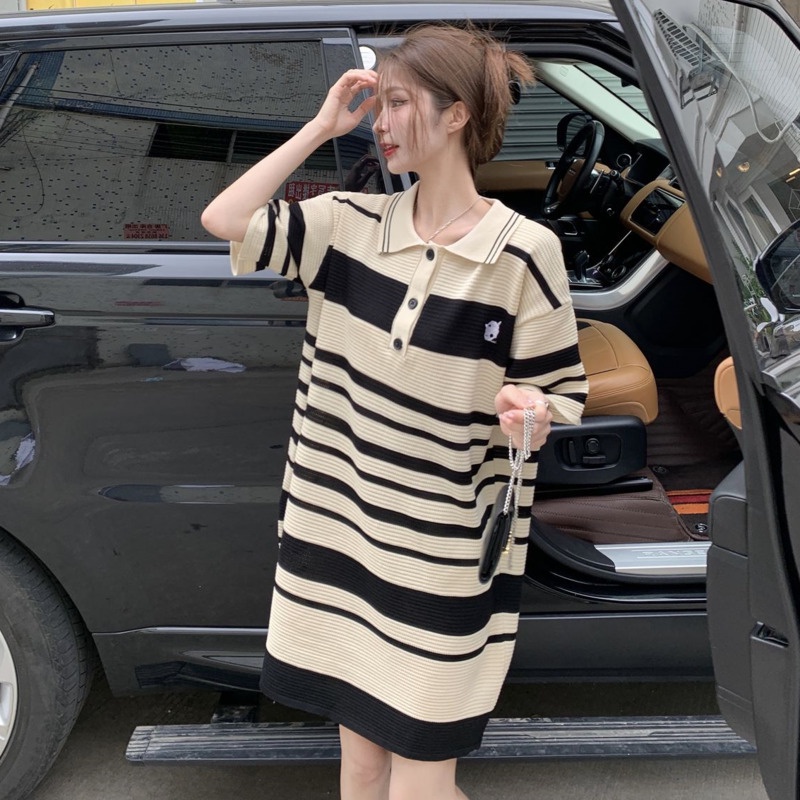Đầm dệt kim RENJIANVSHENG 175893 dáng rộng cổ polo kẻ sọc ngang thời trang retro