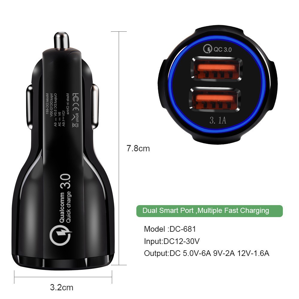 Dual USB QC 3.0 fast car charger adapter for Apple Android type-c micro iphone and other interfaces